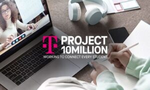 T Mobile Project 10 Million logo over a picture of students studying over a laptop video chat