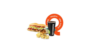 quiznos sandwich with drink and chips