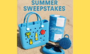 A Seagram's branded bottle holder with a beach bag, speaker, and sunglasses on sand