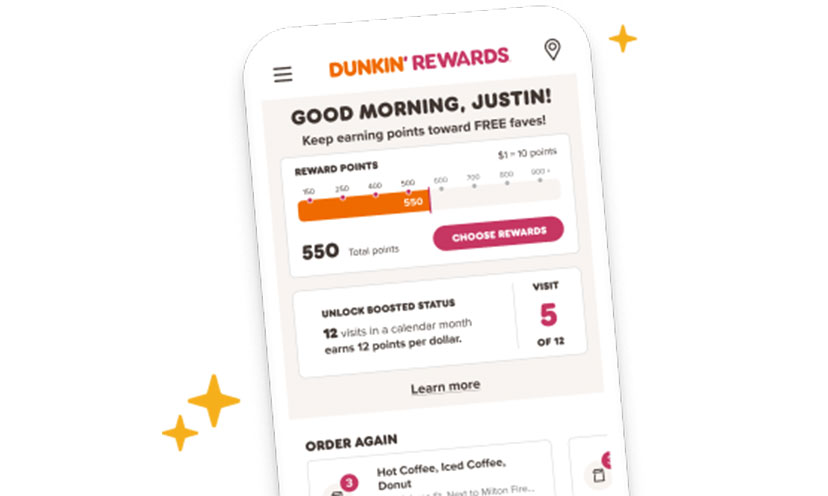 Picture of the Dunkin Rewards app on a smartphone